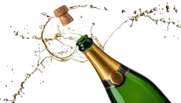 Champagne bottle bursting open, liquid splashes against a dark backdrop. Celebratory moment frozen in time