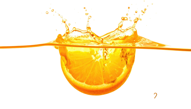 Sliced orange segment plunges into water, creating a splash against a black background
