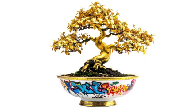 Ornate golden bonsai tree in a graffiti-adorned pot against a black backdrop, artful display of nature and urban style