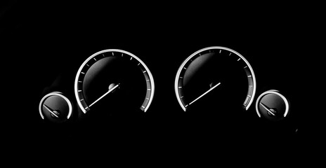 Black and white minimalistic Sports car dashboard instruments on black background