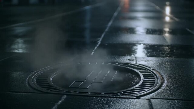 City Manhole Steam Loop. Steam rises from a metal manhole cover on a dark city street. The steam is backlit by unseen car headlights making it glow.
