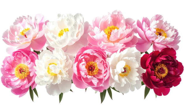 An array of pink, white and deep red blossoms, with bright yellow centers, on a transparent background