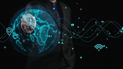 A professional individual engaging with a digital globe symbolizes the fusion of global communication and technology, showcasing connectivity through innovative data visuals. Cipher