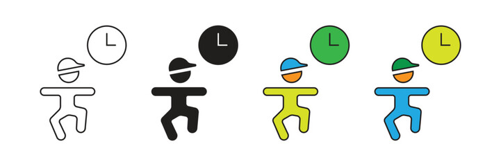 Active child running icon with a clock, symbolizing playtime limit, activity scheduling, sports class, time management, and child's energy during school hours.