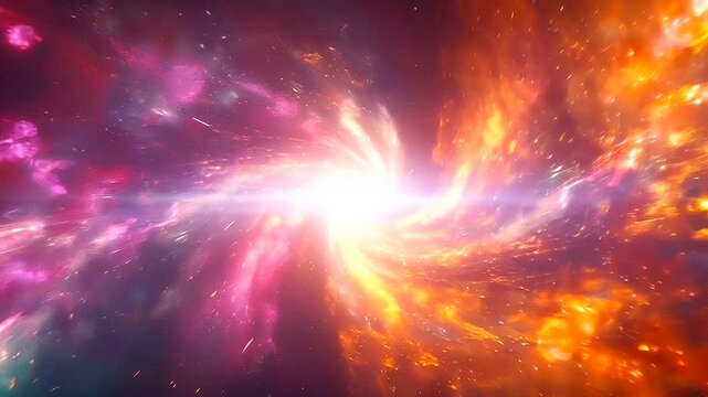 Vibrant cosmic explosion with colorful nebulae and bright light at the center, depicting the birth of stars or a galactic event in deep space, full of energy and motion 4k video