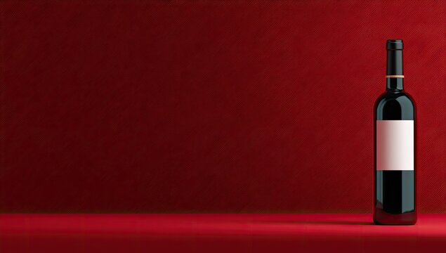 Single bottle of red wine stands on a red surface with copy space.