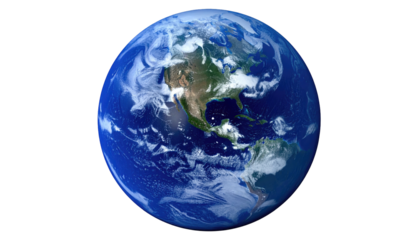 Realistic Earth rendering showing North America, clouded atmosphere, oceans, against black background