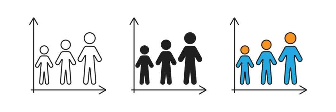 Human growth chart icon with multiple figures, symbolizing development stages, demographic data, population analysis, height tracking, and generational change over time.