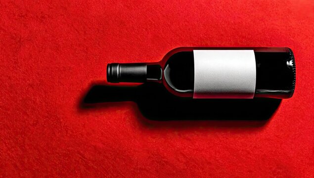 A dark glass bottle with a blank label lies on a red textured surface.