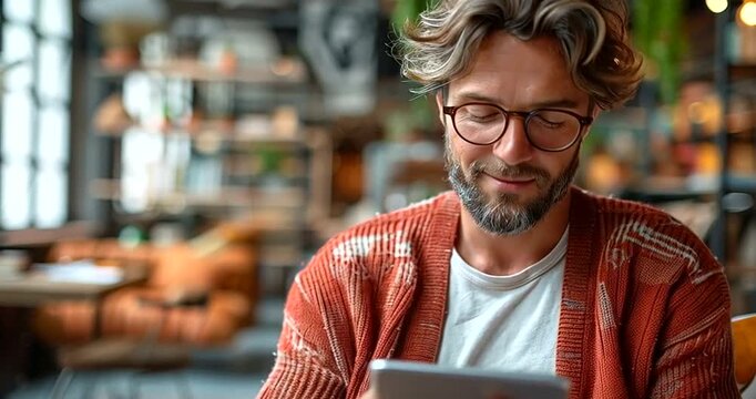 A smiling middleaged man with glasses and a beard holding a tablet computer in a cozy cafe with blurred background 4k video