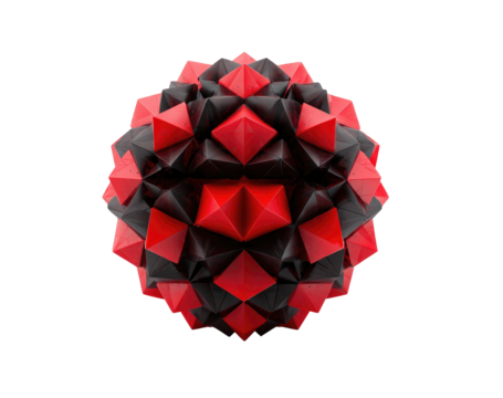 Geometric sphere of black and red pyramids clustered, isolated against a stark black background, creating high contrast