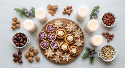 Holiday baking and nuts with lit candles arranged on a wooden board for Christmas celebration. Winter sweet dessert composition for seasonal greeting card.