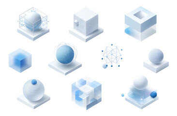 Abstract isometric art diverse translucent white/blue cubes/spheres on white platforms against a black background