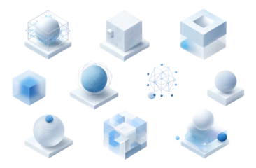 Abstract isometric art diverse translucent white/blue cubes/spheres on white platforms against a black background