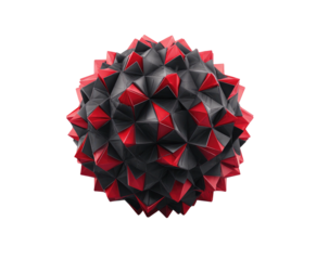 Abstract sphere formed from black and red triangles in a dynamic, three-dimensional arrangement on a dark backdrop