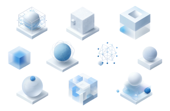 Abstract isometric art diverse translucent white/blue cubes/spheres on white platforms against a black background