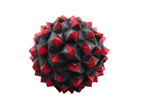 Abstract sphere formed from black and red triangles in a dynamic, three-dimensional arrangement on a dark backdrop - Powered by Adobe