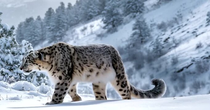 A majestic snow leopard walks across a snowy landscape with snowcovered trees and mountains in the background 4k video