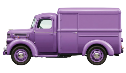 A vintage, lilac panel truck with chrome accents, parked, side view