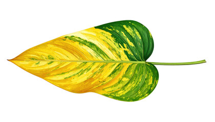 A single, isolated leaf. It has yellow and green variegation and a thin brown stem on a black background