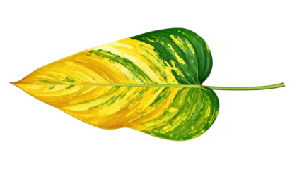 A single, isolated leaf. It has yellow and green variegation and a thin brown stem on a black background