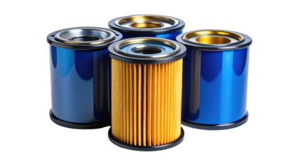 Four cylindrical filters one gold, three blue; all on a black background