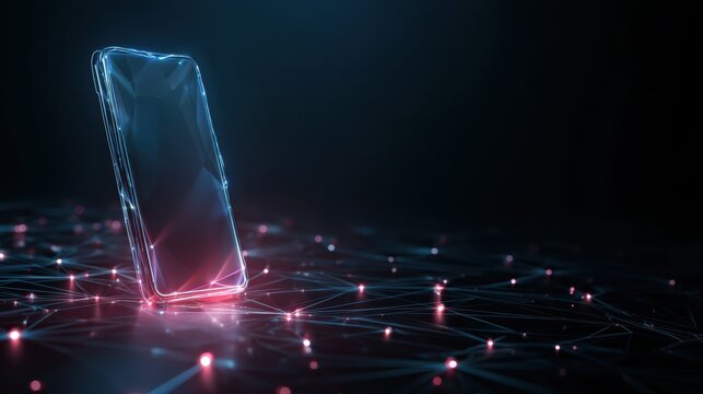 Smartphone on technology background. Neon glowing mobile phone on abstract dark background. Futuristic network connection