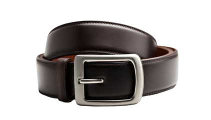 A coiled dark brown leather belt with a silver buckle rests against a black background, highlighting its texture