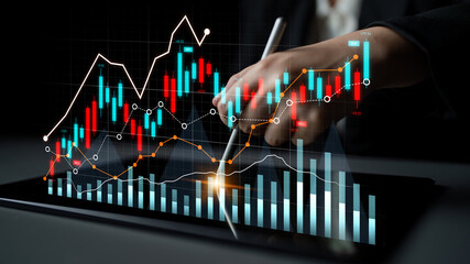 A professional hand conducts in-depth analysis of financial data on a tablet, displaying dynamic stock market graphs and charts for investment strategies. Scalp
