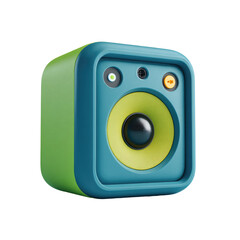 Cartoon speaker with green sides and blue face, yellow driver on black, rendered, with buttons and ports