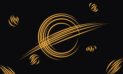 Golden concentric planet rings sweep across dark space in elegant abstract composition, Minimal gold line orbits on black create a luxurious, futuristic space vibe suitable for tech and brand visuals