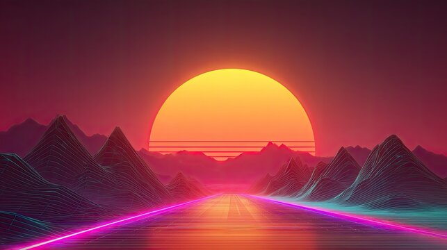 Pixelated Retro Sunset Road Through Mountains