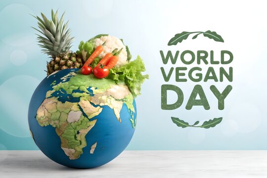 world vegan day good for world, globe with vegetable and food, vegan day celebration