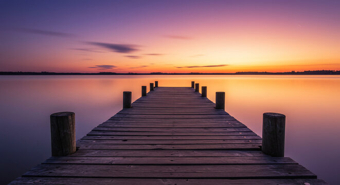 Wooden pier stretching into a calm lake at sunset with colorful sky
