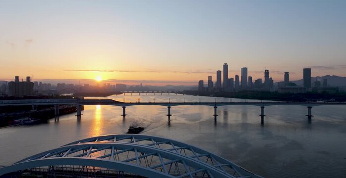 An aerial view of Seoul's Hangang River, Yeouido, and Seonyudo Park in autumn