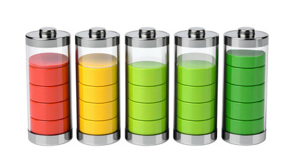 Five stylized batteries display graduated charge levels red, yellow, green, indicating energy capacity