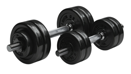 Two black adjustable dumbbells, angled on a plain background, fitness equipment for building muscle strength