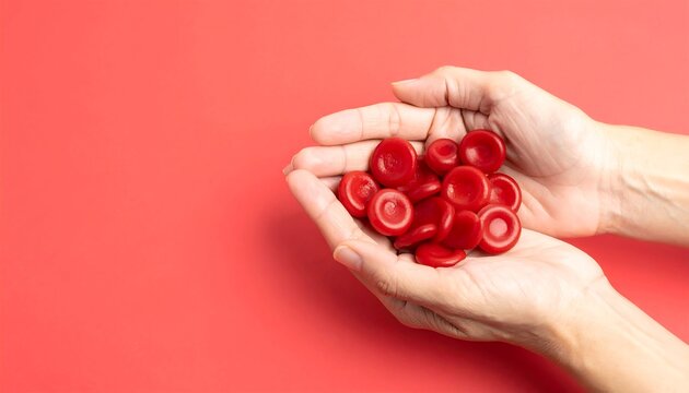 Pale red blood cells on red background, visualizing iron deficiency anemia health concept.