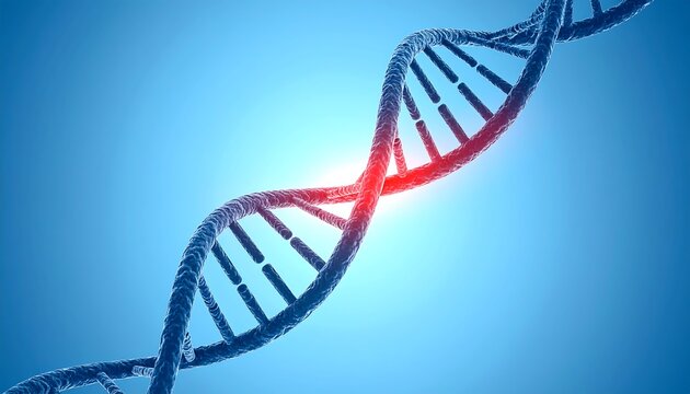 Huntington's disease DNA helix mutation highlighted red, stuttering genetic sequence on blue