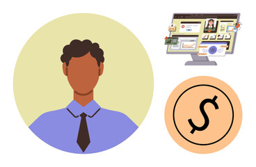 Portrait of a professional in formal attire, financial growth icon with dollar sign, digital workspace showcasing tasks and analytics. Ideal for business, finance, career, productivity, technology