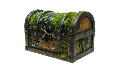 Moss-covered wooden treasure chest with metal banding, aged and weathered, isolated against a black background