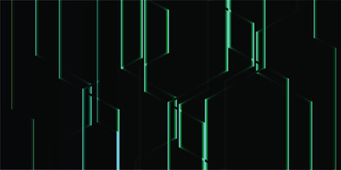 Abstract digital artwork featuring vertical green lines against a dark background, geometric shapes.