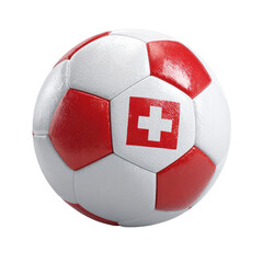Fototapeta premium Soccer ball featuring red and white Swiss flag pattern, set against a black background, brightly lit, detailed texture