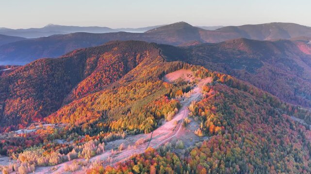 Ukraine, drone, flight in the Carpathians over the mountains of the village of Mykulychyn, dawn fogs. combination of the beauty of nature and gentle foggy dawn