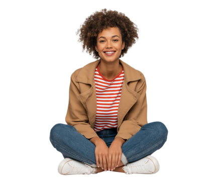 Smiling and happy young African-American teen girl, sitting on floor with legs crossed, isolated on white or transparent background