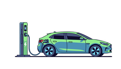 Green electric car charging at a modern station, representing eco-friendly transportation and a sustainable future of driving