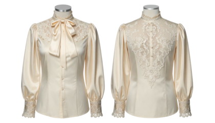 Two cream-colored Victorian-style blouses one with a bow, one with lace panel, each displayed on a mannequin