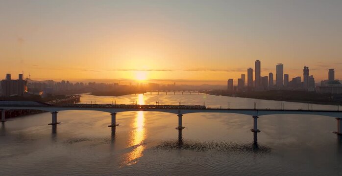 An aerial view of Seoul's Hangang River, Yeouido, and Seonyudo Park in autumn