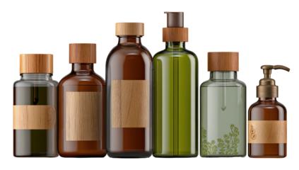 Assorted glass containers with wooden caps and labels, filled with various liquids against a solid black backdrop