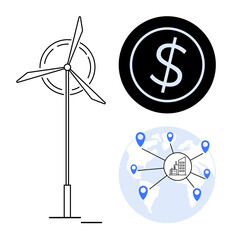 Wind turbine for sustainable energy, currency icon for financial growth, and global supply chain map with location markers. Ideal for sustainability, technology, finance, globalization, green energy
